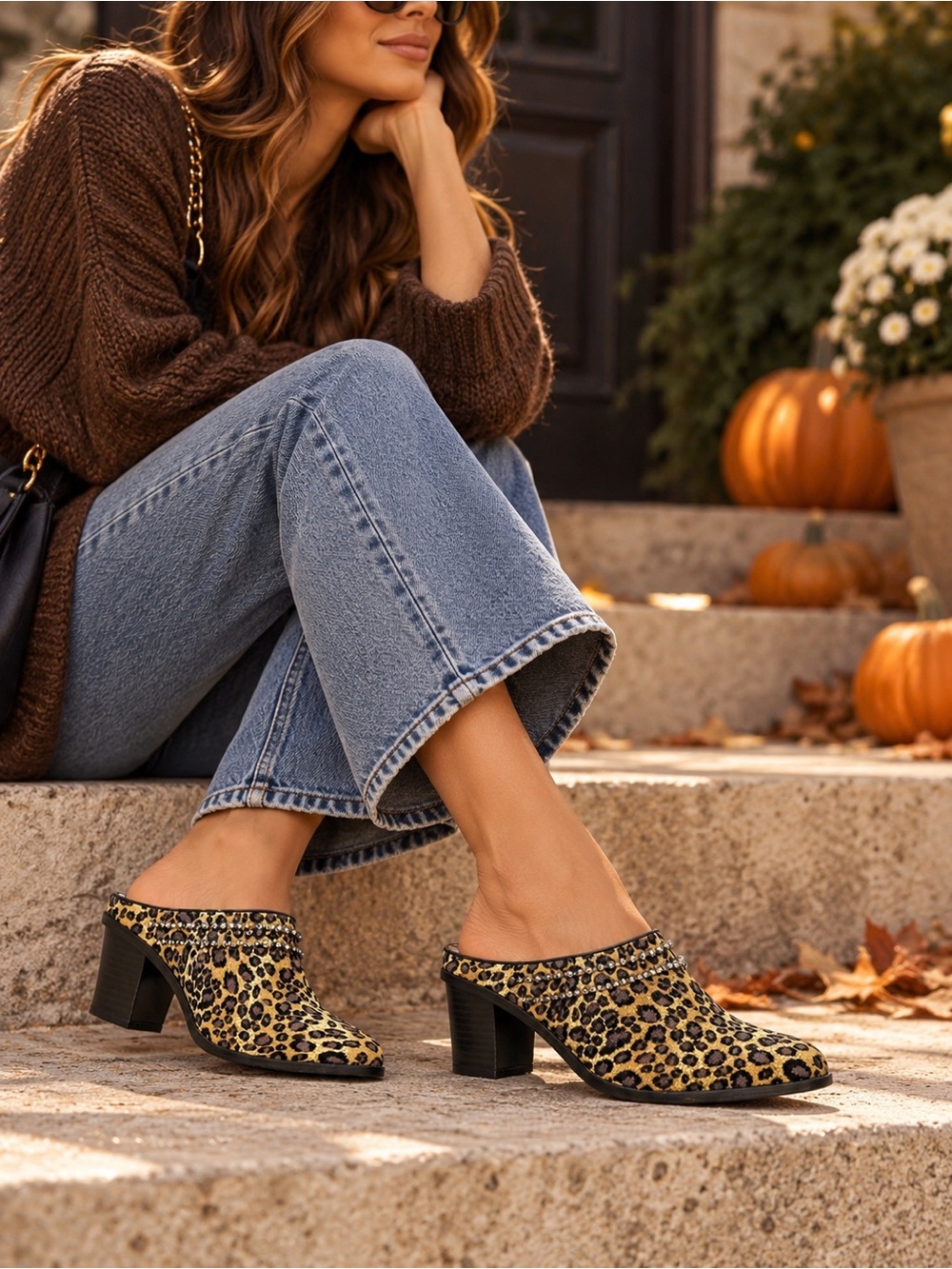 Ashro Women’s Leopard Printed Rhinestone Denim Heel Mules Slip On Clogs Size 8.5